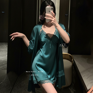 冰丝缎面带胸垫纯欲蕾丝吊带睡裙家居服 慕眠轻熟御姐性感睡衣长袖