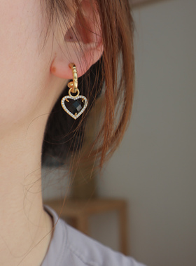 AimeeDesign 中古风黑玛瑙宝石爱心镶钻金色法式轻奢耳环Vintage