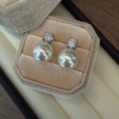 澳白珍珠耳钉女法式 经典 戴妃款 轻奢高级感耳夹镶钻纯银耳环优雅