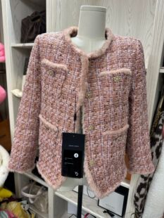 小香风狐狸毛加厚羽绒服粗花呢毛呢外套大衣女修身 短粉色