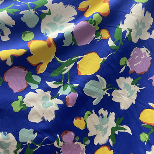 宝蓝色花朵印花纯棉针织布料柔软有弹力短袖T恤连衣裙服装面料夏