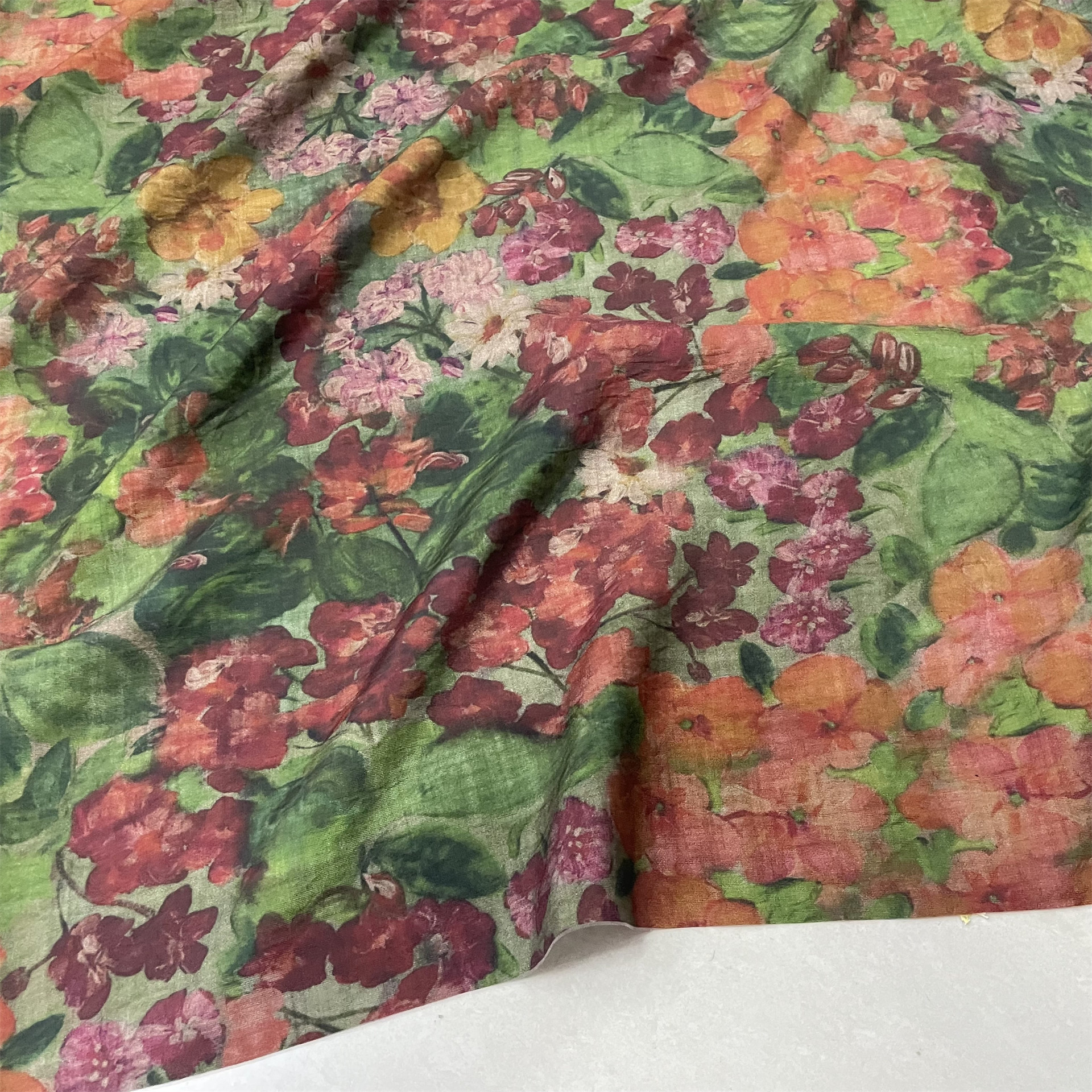 中式复古风花朵印花天丝棉布料仿香云纱织锦缎旗袍连衣裙服装面料