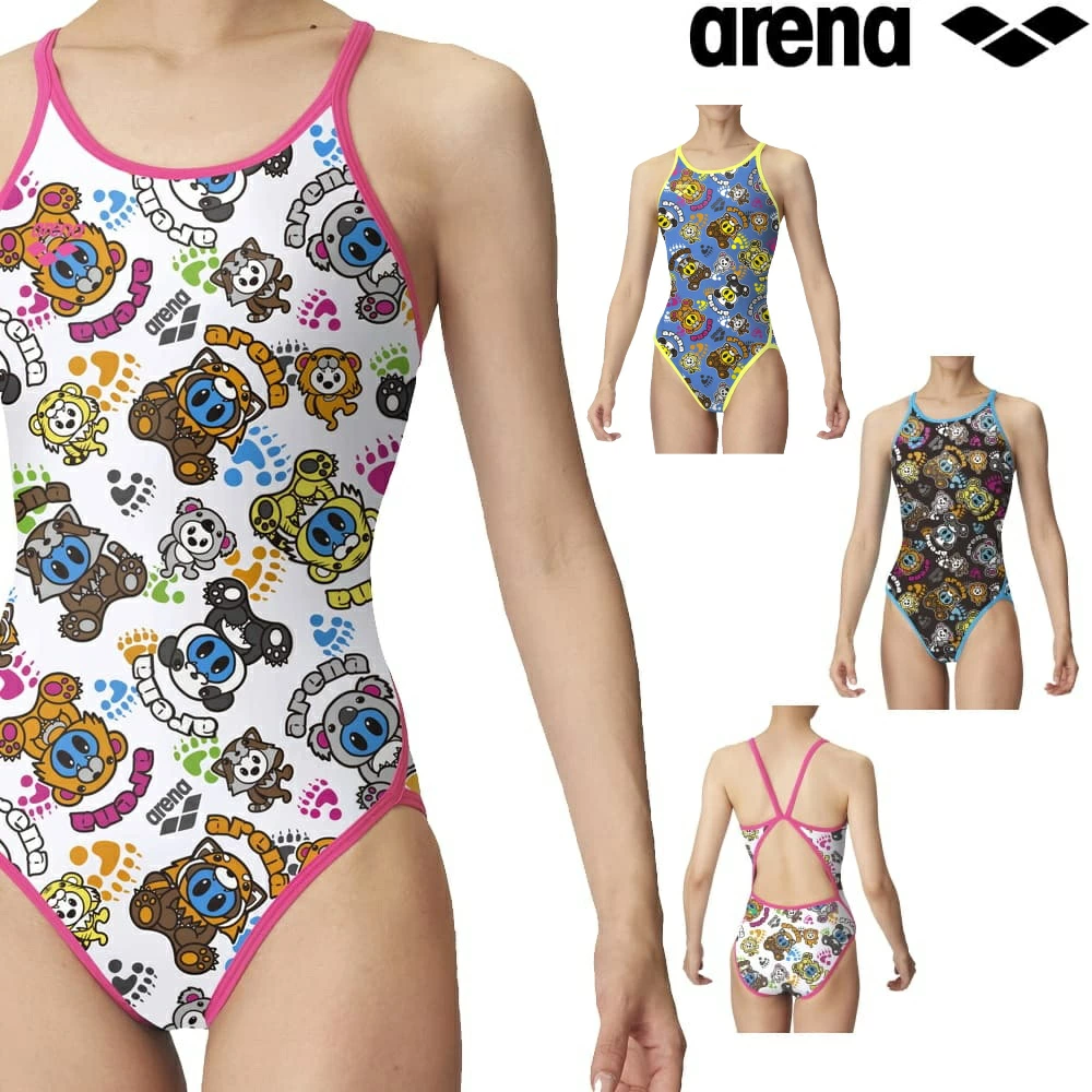 24新款arena阿瑞娜卡通女孩连体游泳竞技泳衣休闲训练三角抗氯