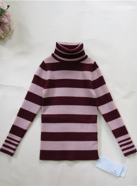 宝儿秋冬款童装毛衣中大童条纹针织衫女童高领打底毛衫1932128
