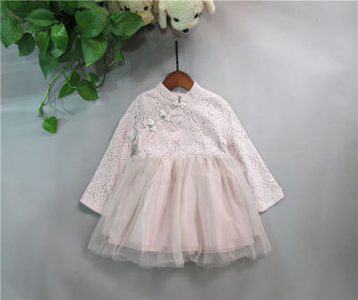 春款女童复古盘扣款蕾丝纯棉纱裙