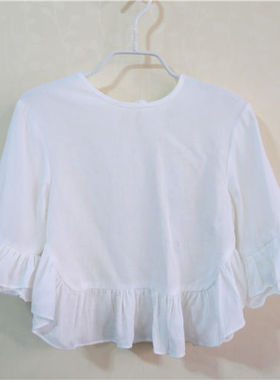 春夏韩国宝儿童装小衫女童亚麻上衣舒适可爱花边娃娃衫16521