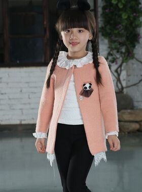 宝儿春秋款童装长袖针织上衣女童蕾丝拼接开衫毛衣外套23770