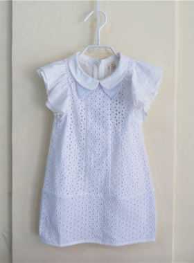 宝儿夏款童装连衣裙纯棉蕾丝拼接飞袖连衣裙13715