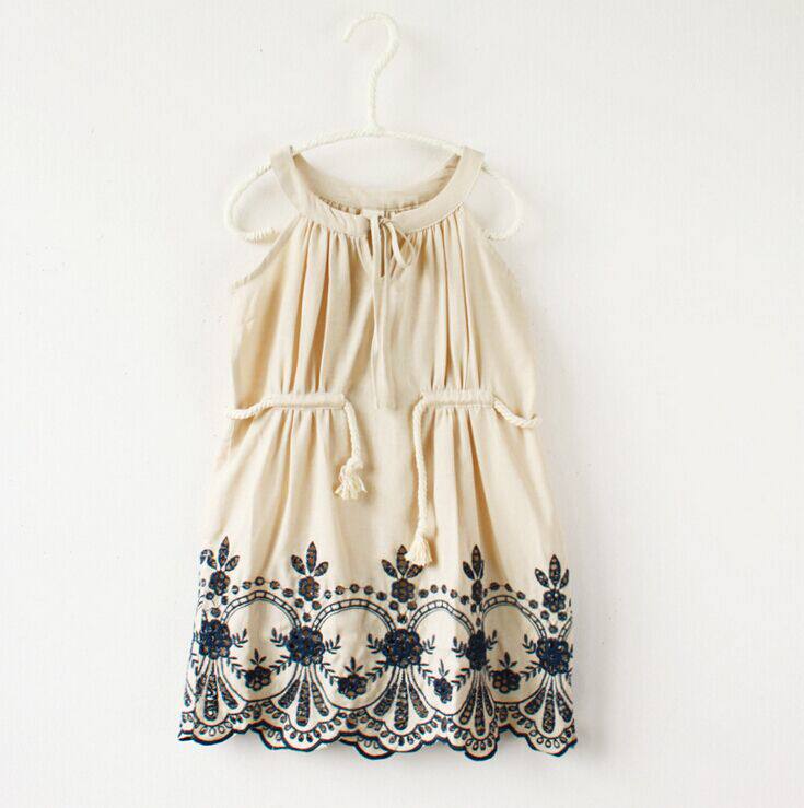 宝儿夏款童装无袖纯棉连衣裙女童系带刺绣花边连衣裙13257