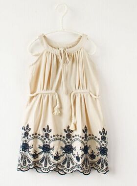 宝儿夏款童装无袖纯棉连衣裙女童系带刺绣花边连衣裙13257
