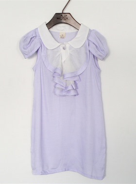 宝儿夏款娃娃领童装长上衣女童木耳边真丝衬衫裙连衣裙13602