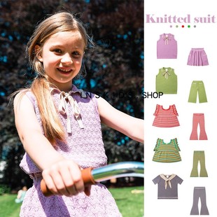 25夏季KP儿童田园风无袖背心女童绑带领针织短袖T恤宝宝半裙长裤