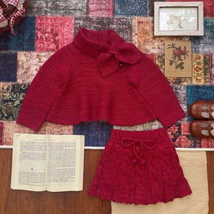 儿童毛衣25冬款mp女童复古红色圣诞节日领结针织衫宝宝百褶裙裤