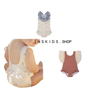 ins爆款2025新款RC女童连体花边泳衣泳帽宝宝防晒度假速干泳装夏