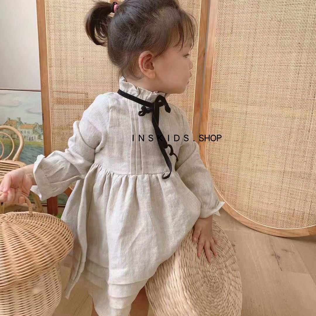 色亚麻英伦复古连衣裙