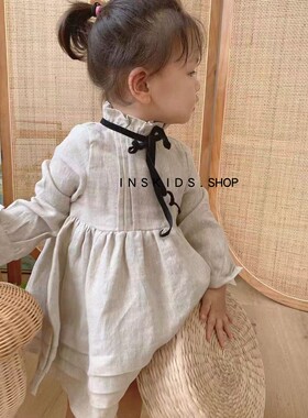 ins爆款21秋冬新款 minimom女童长袖纯色亚麻英伦复古连衣裙