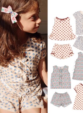 25夏季新款ks童装女童碎花套装爱心连衣裙宝宝田园风家居服睡衣