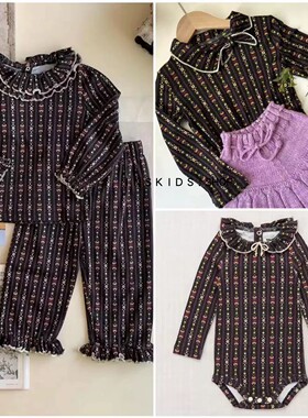 25春夏mp童装女孩碎花领结上衣宝宝花边哈衣婴幼儿直筒裤羊毛裙裤