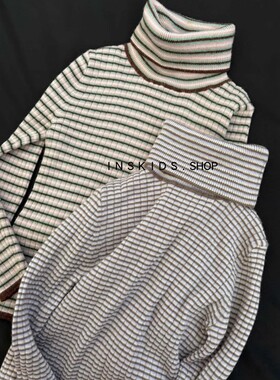 2024秋冬新款男女童柔软美利奴羊毛针织条纹系列上衣中高领打底衫