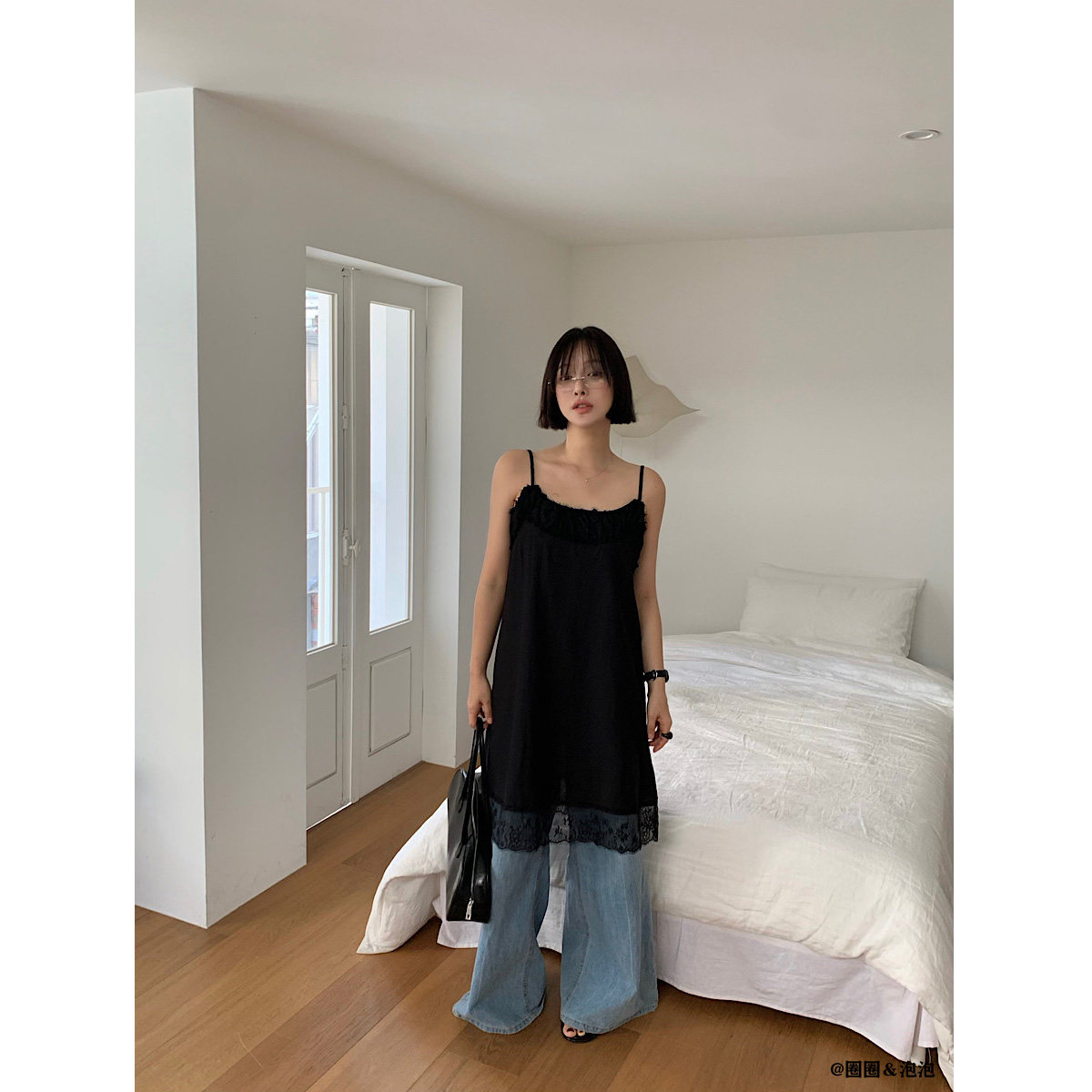 韩国女装代购2025春季新 正品直邮 韩版法式蕾丝边吊带打底连衣裙
