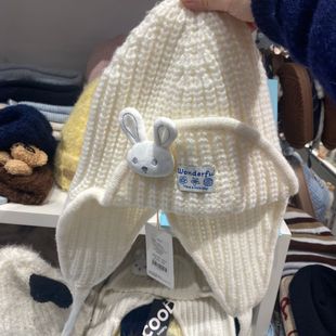 三福国内代购可爱小兔耳朵毛绒帽子围巾两件套冬季保暖针织毛线帽