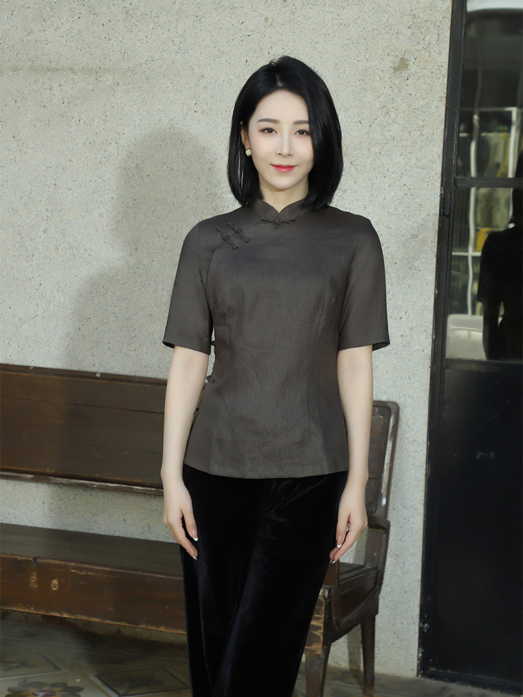 兰卉儿春夏 高品质亚麻盘扣大襟复古中式女装改良旗袍式上衣 深烟