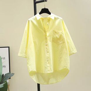 黄色简约春夏季薄款棉短袖衬衫女时尚宽松中长款单口袋开衫衬衣女