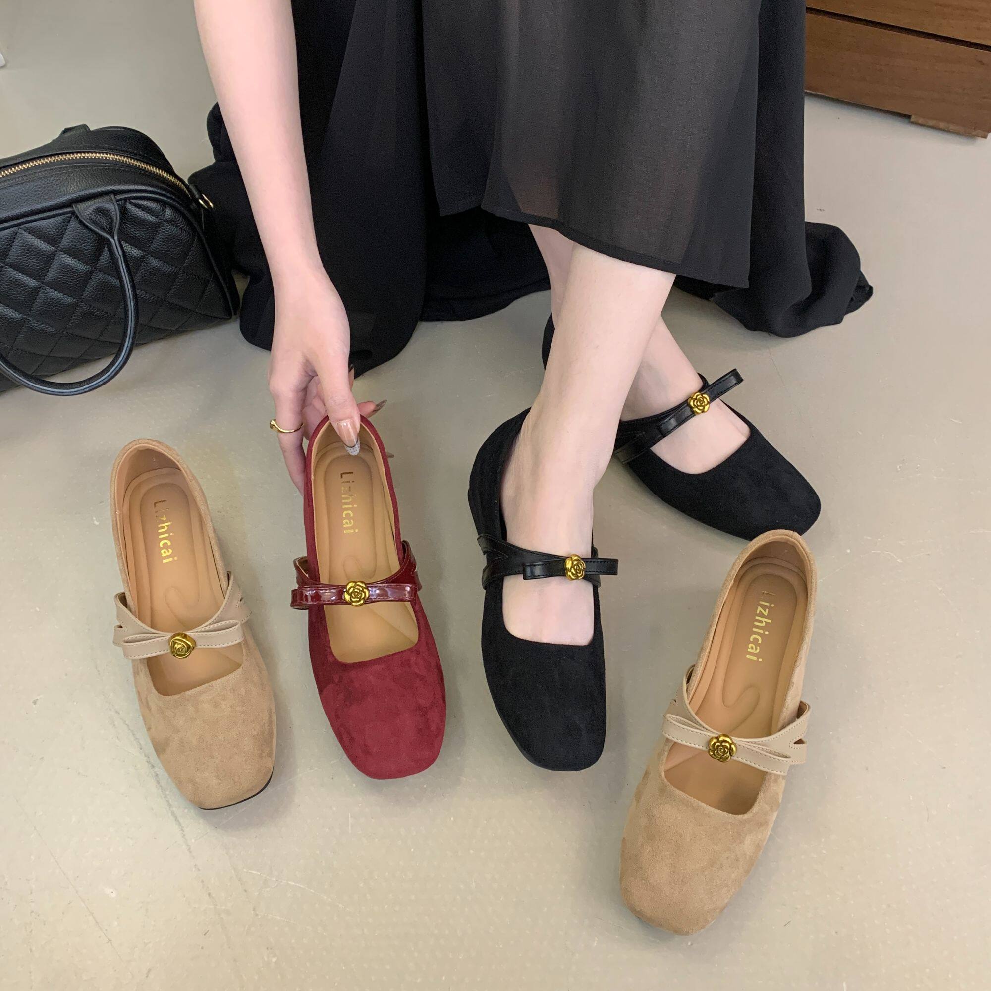 山茶花蝴蝶结内增高玛丽珍鞋女2026春季新款复古绒面通勤浅口单鞋