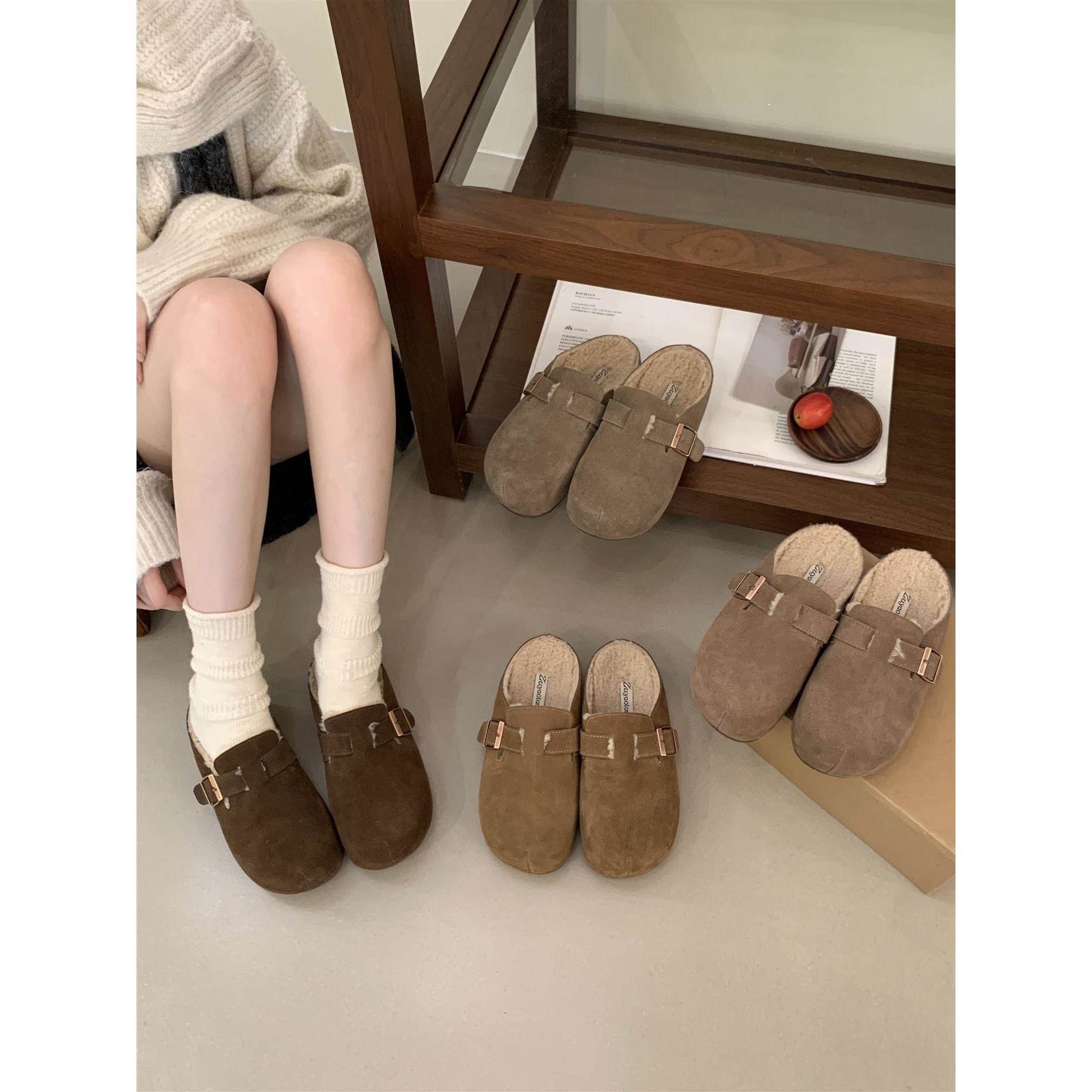 内增高加绒勃肯包头半拖鞋女外穿2025秋冬新款真皮厚底毛毛棉拖鞋