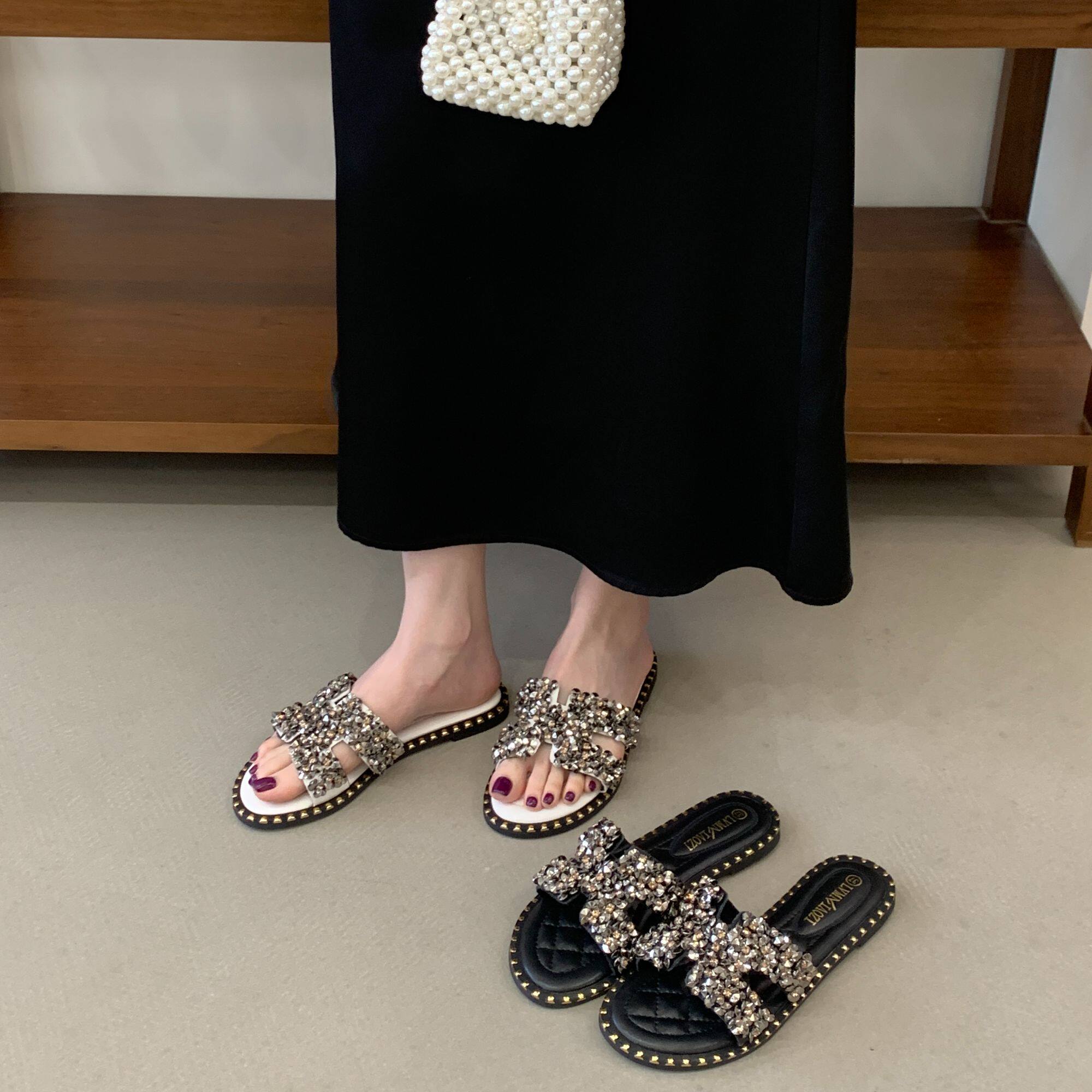 一字型拖鞋女夏时尚外出穿旅游平底水钻防滑沙滩凉拖鞋大码41一43