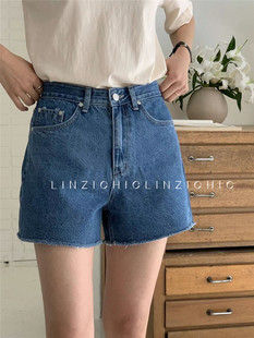 林子chic韩代正品牛仔短裤深蓝色中高腰经典款百搭深色短裤子