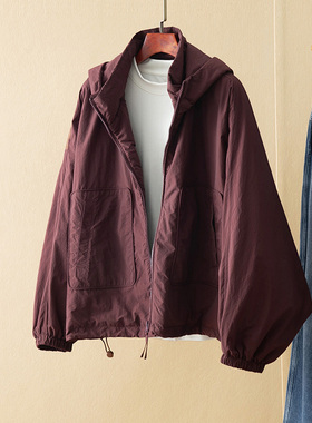 蛮文 艺术褶皱肌理料 藏肉显瘦腔调蝙蝠袖 酒红色薄棉衣外套46252