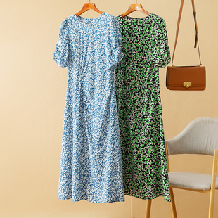 4A160 真丝双绉蝴蝶碎花腰间捏褶侧开叉显瘦连衣裙 蛮文 别致法式