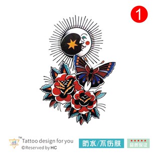 old school月亮太阳蝴蝶玫瑰纹身贴线条大腿手臂女生舞蹈防水旅游