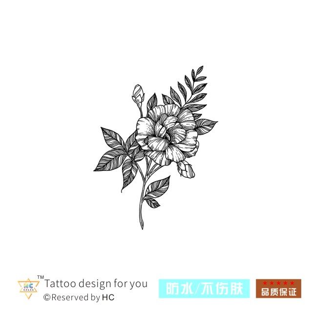素描花植物纹身贴黑白文艺小清新森系男女持久防水
