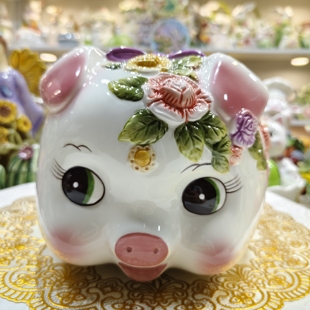 方亚陶瓷玫瑰猪存钱筒陶瓷储蓄罐零钱罐摆设新居摆件家居饰品礼品