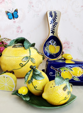 Function art陶瓷柠檬饼干罐储物罐糖果罐釉下彩咖啡糖罐装饰摆件
