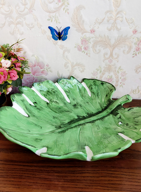 Function art出口精品纯手绘釉下彩陶瓷大果盆欧式芭蕉叶和面盆