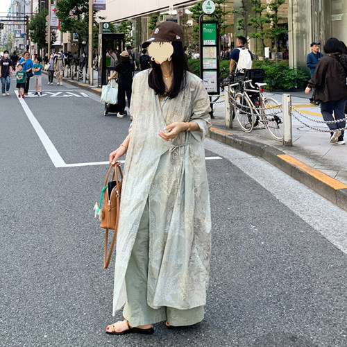 SYLP穗伊 柔软轻盈盛夏长袍式连衣裙可当轻薄外套叠穿系带长裙子