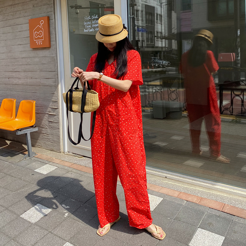 连体裤女夏新款2025韩国宽松泡泡袖印花棉质轻便舒适连衣裤长裤子