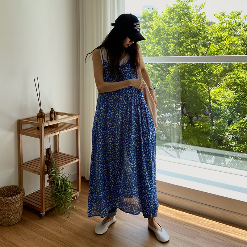 SYLP连衣裙女夏季新款韩国可爱花朵无袖碎花A字型背心吊带长裙子