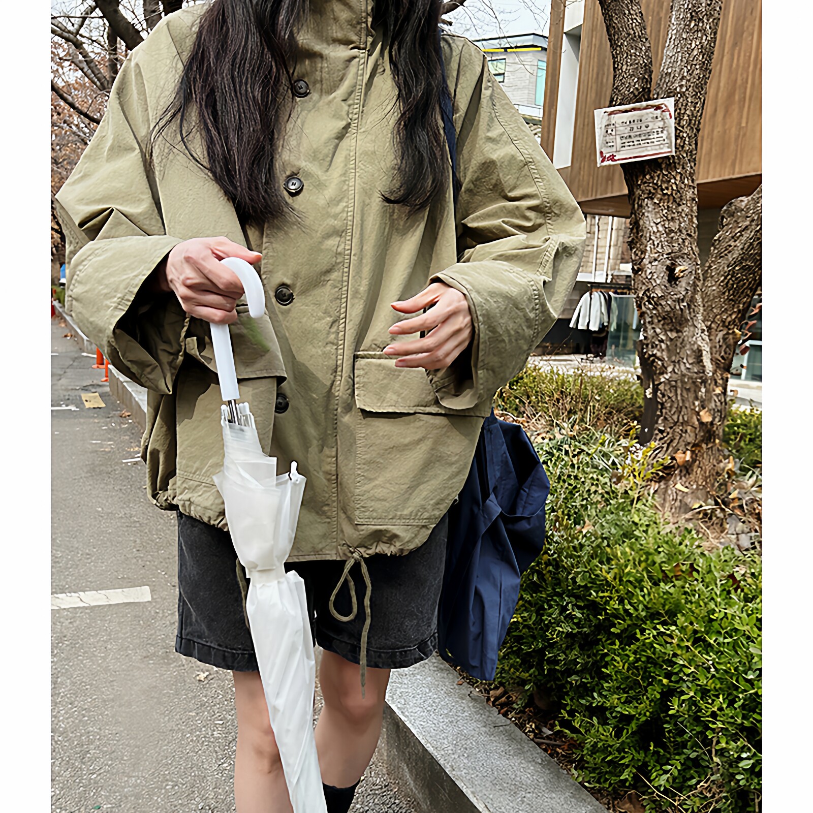 SYLP穗伊 复古简洁户外休闲高领口蝙蝠袖宽松洗水舒适短外套女