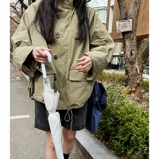 SYLP穗伊 宽松洗水舒适短外套女 复古简洁户外休闲高领口蝙蝠袖