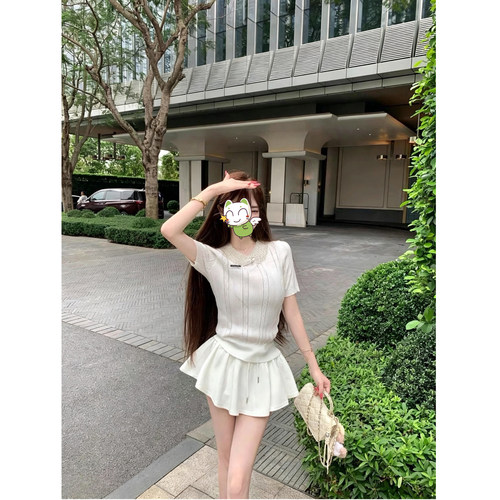 韩系少女~蝴蝶结娃娃领钉珠针织短袖竖坑条纹修身正肩短款T恤上衣