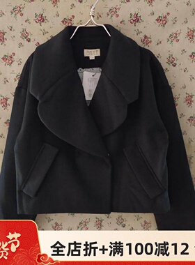 自然元素专柜正品 冬黑色翻领时尚保暖呢子外套毛呢外套大衣ELW07