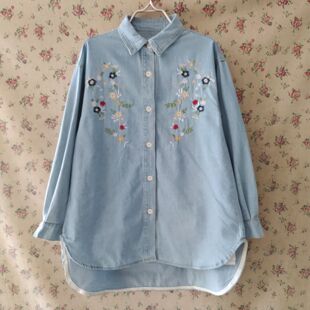 大码专柜正品牛仔衬衫女衬衣浅蓝色上衣长袖刺绣花朵宽松MAC37