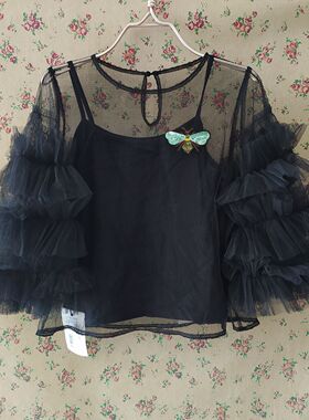 仅160码自然元素专柜正品黑色网纱上衣女蕾丝衫女衫配打底衫ASC04