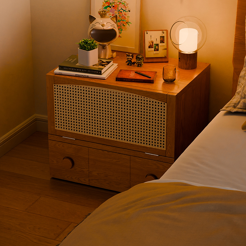 藤编床头柜家用卧室斗柜樱桃木色收纳柜储物柜实木床边柜子卡门柜