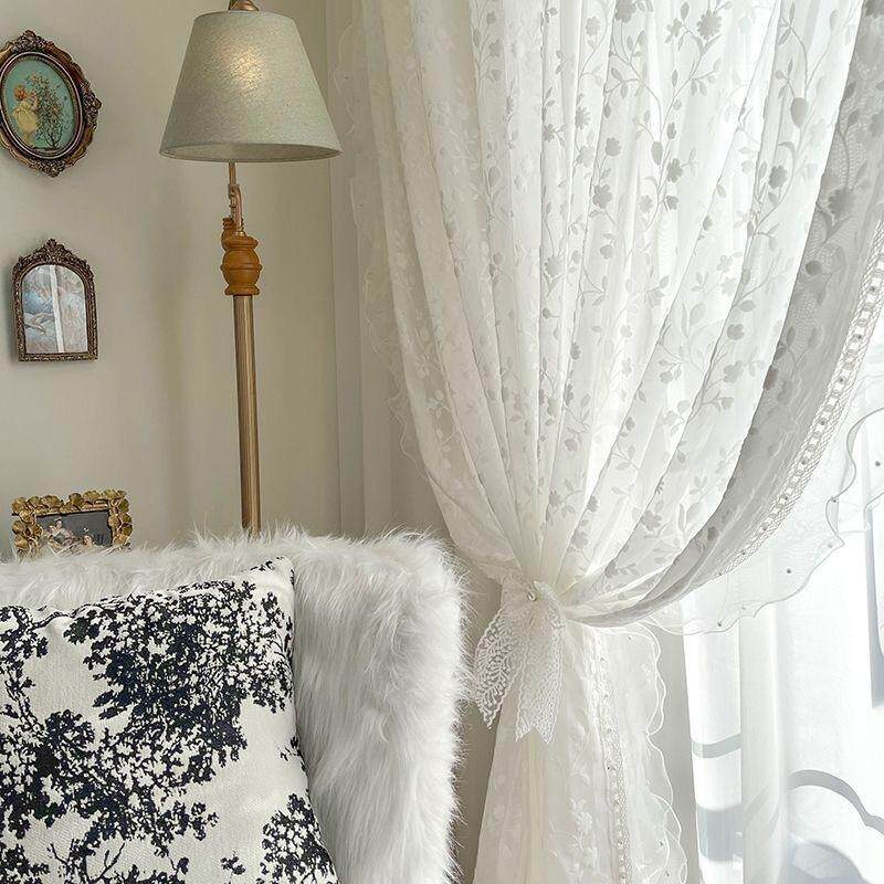 法式浪漫美式复古重工浮雕窗纱花边窗纱帘半遮光隔断纱 米色/白色