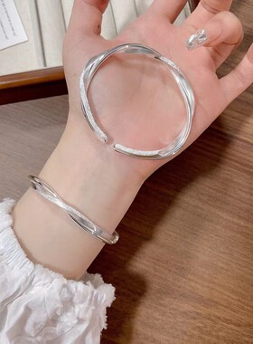莫比乌斯方条钉砂爱交织开口纯银手镯9999七夕情人节送女友礼物